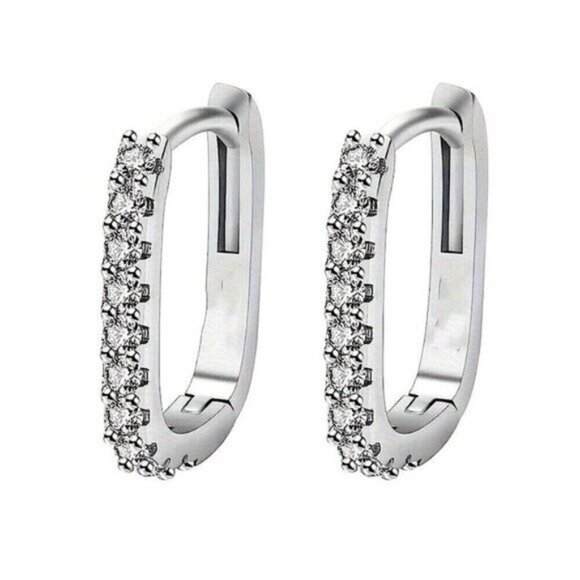 Silver tone Square Hoop Earrings With Sparkling Cubic Zirconia new - Picture 3 of 5